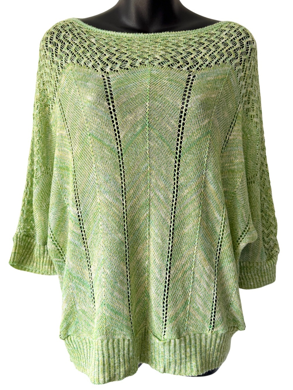 Light Green Open Knit Crochet Dolman Sweater Pullover Womens Medium Oversized
